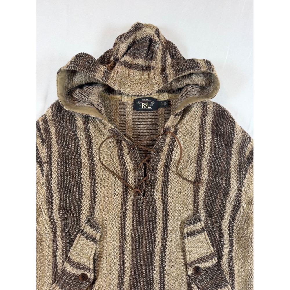 RRL Ralph Lauren Striped Knit Baja Hoodie Brown Linen Cotton Wool Pullover M - Picture 2 of 14